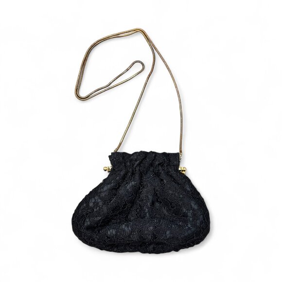 Carla Marchi Vintage Small Lace Evening Clutch Black Satin Gold Chain Bag - Picture 1 of 8